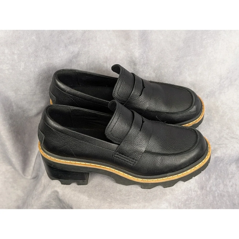 Sorel‎ Brex Heel Penny Loafer Black Leather Lug Sole Shoes NL5126-011 Mens 9.5
